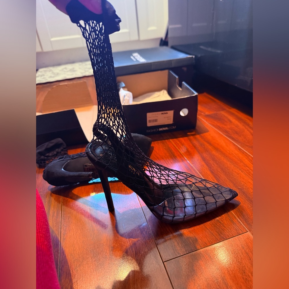 Fashion Nova Black Fishnet Pointed-Toe Stiletto Heels - Picture 2 of 7
